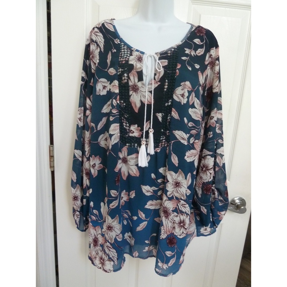 NWOT NANETTE LEPORE Plus Sz 3X Boho Tasseled Dark Floral Career Blouse Lined